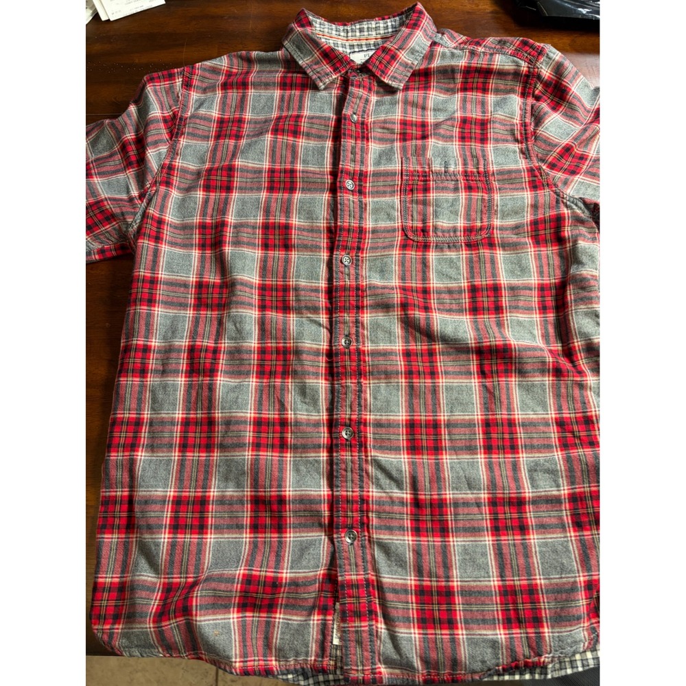 Flag & Anthem Mens Large Red Grey Plaid Long Sleeve Button Down Flannel Shirt